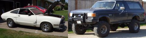 1978 Ford Mustang II - A lifted Ford Bronco sits beside a white coupe, both parked outdoors.