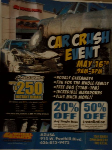 1995 Ford Bronco - Advertisement for a car crush event with details on giveaways, food, and discounts on parts and installation.