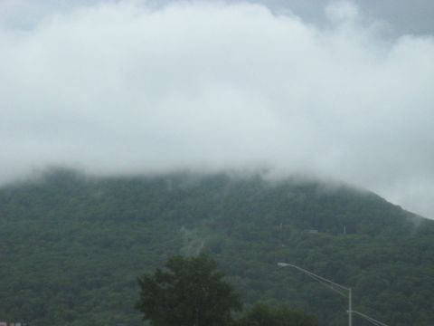 1995 Ford C-350 (Centurion Conversions) - A cloudy sky hangs over a tree-covered mountain, with a street light in the foreground.