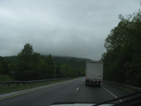 1995 Ford C-350 (Centurion Conversions) - A semi-trailer truck travels down a wet highway on an overcast day, surrounded by lush green trees and misty hills.