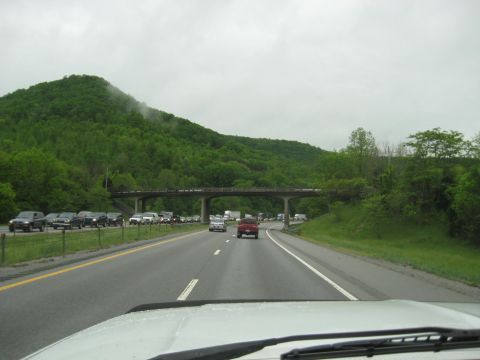 1995 Ford C-350 (Centurion Conversions) - A view of highway traffic on a cloudy day, with a red pickup truck in the foreground and a bridge spanning the road.