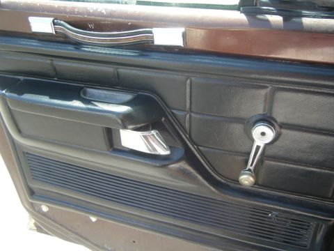 1979 Ford Bronco - Close-up of a car's interior door panel, showing the window crank and handle.