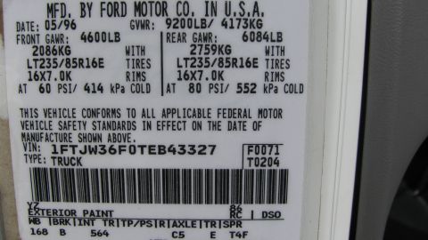 1996 Ford C-350 (Centurion Conversions) - Door tag details for a 1996 Ford truck, including VIN and manufacturing information.