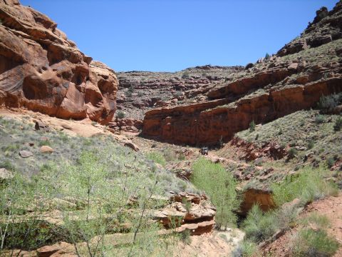 1986 Ford Bronco II - An off-road vehicle travels along a dusty trail winding through a scenic canyon landscape.
