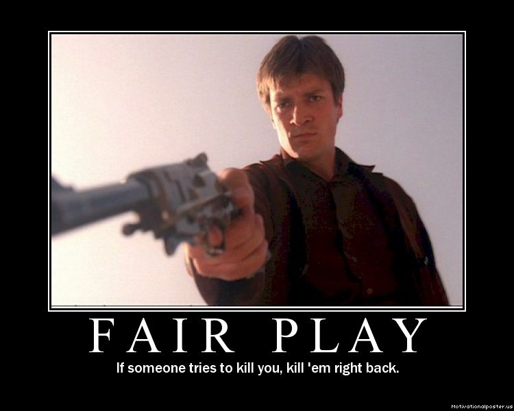 Man in brown shirt aims a pistol forward, with text "FAIR PLAY" and a quote below
