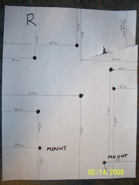 1982 Honda GL1100I GW Interstate - Hand-drawn diagram showing measurements and mounting points, dated 05/14/2009.