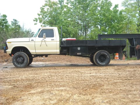 1979 Ford F-150 - This lifted Ford F-Series truck features a flatbed and is parked on a muddy, unpaved surface.