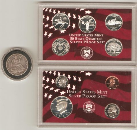 1995 Ford Bronco - Collection of US Mint proof coin sets and a single silver dollar coin from 1853.