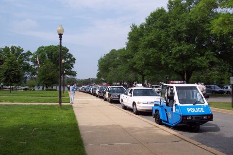 2001 Ford Crown Victoria - A line of police vehicles, including sedans and a small cart, are parked along a street next to a sidewalk and grassy area.