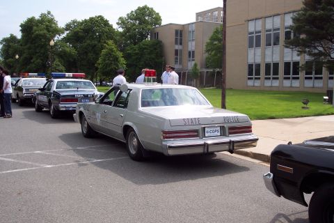 2001 Ford Crown Victoria - A line of police vehicles, including one marked 'STATE POLICE' and 'COPS', parked on a street near a building.
