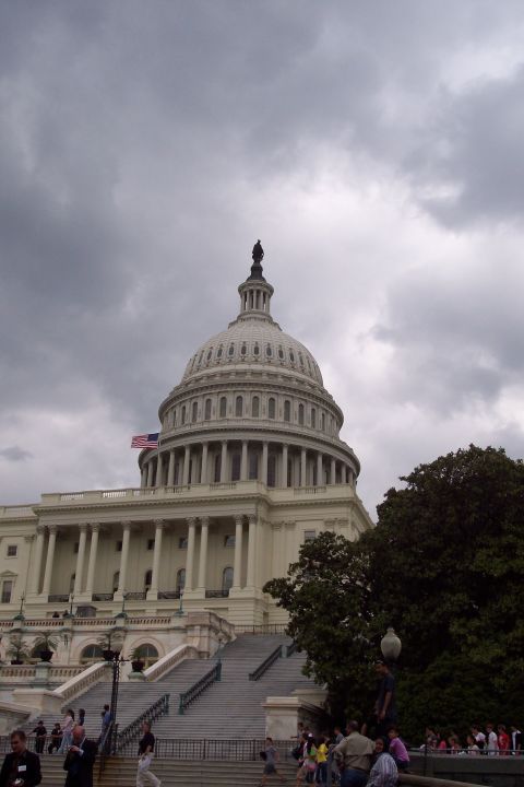 2001 Ford Crown Victoria - The US Capitol Building stands under a cloudy sky, with visitors ascending its grand staircase.