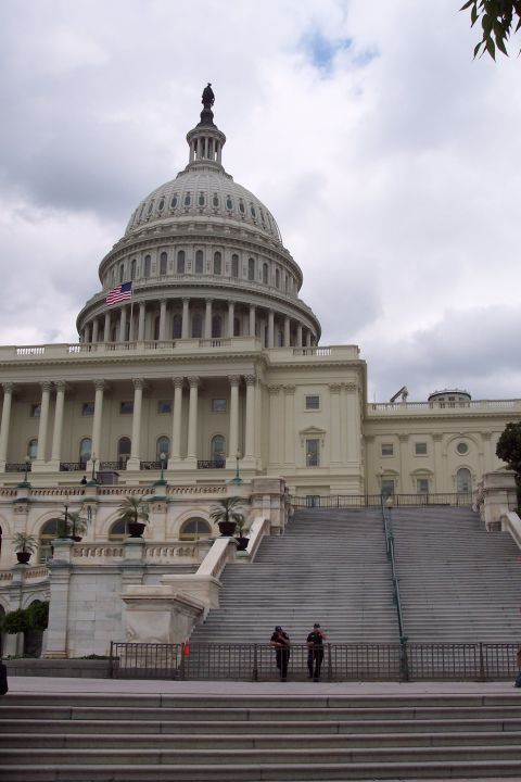2001 Ford Crown Victoria - The United States Capitol Building is seen under a cloudy sky with two guards standing at the bottom of the grand staircase.