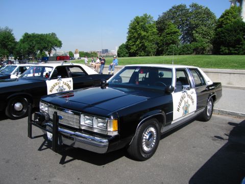 1991 Ford LTD Crown Victoria - black-and-white Ford highway patrol sedan with a front push bar and door emblem is parked on pavement before a grassy hill and trees.