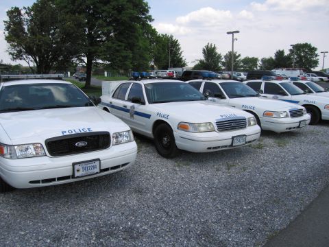 1991 Ford LTD Crown Victoria - Several white police sedans with roof light bars and POLICE markings parked side by side on a gravel lot under trees.