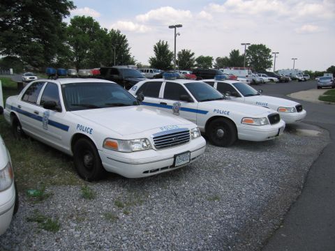 1991 Ford LTD Crown Victoria - Multiple white Ford Crown Victoria police cruisers with light bars parked at angles on a gravel lot, more vehicles behind.