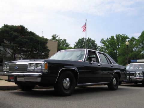 1991 Ford LTD Crown Victoria - black Ford LTD Crown Victoria sedan with steel wheels parked in a lot near a U.S. flag and another cruiser.
