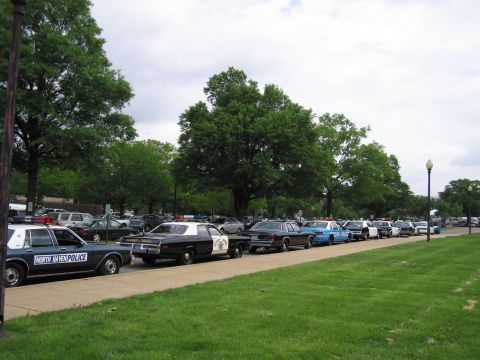1991 Ford LTD Crown Victoria - long line of vintage police cruisers, the nearest marked North Haven Police, parked along a tree-lined sidewalk.