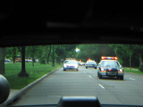 1991 Ford LTD Crown Victoria - Through a windshield, a procession of vintage police cars with lit roof light bars travels along a tree-lined road.