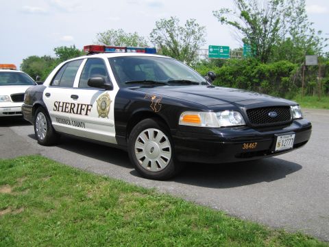 1991 Ford LTD Crown Victoria - black-and-white Frederick County Sheriff cruiser with a gold star emblem and light bar parked on grass beside a road and highway signs.