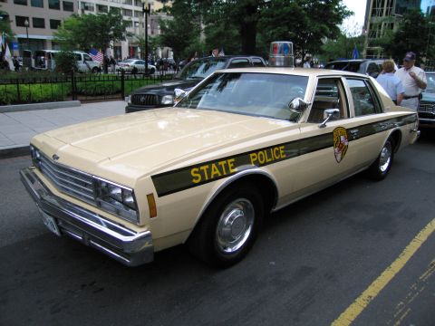 1991 Ford LTD Crown Victoria - tan Chevrolet full-size sedan lettered STATE POLICE with a dark stripe and a shield decal on the door parked at a curb.
