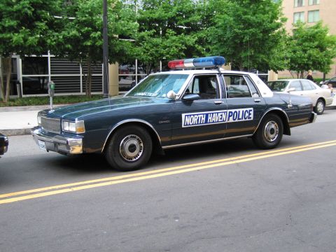 1991 Ford LTD Crown Victoria - dark green North Haven Police sedan with roof light bar parked along a yellow-striped downtown street.