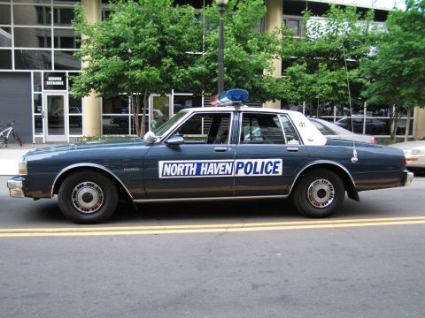 1991 Ford LTD Crown Victoria - Driver-side profile of a dark green North Haven Police sedan with roof light bar, parked at a curb.