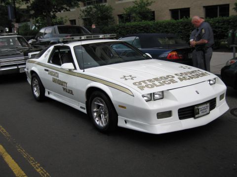 1991 Ford LTD Crown Victoria - white University Police / Otsego County Police Academy sport coupe with gold striping parked along a curb.