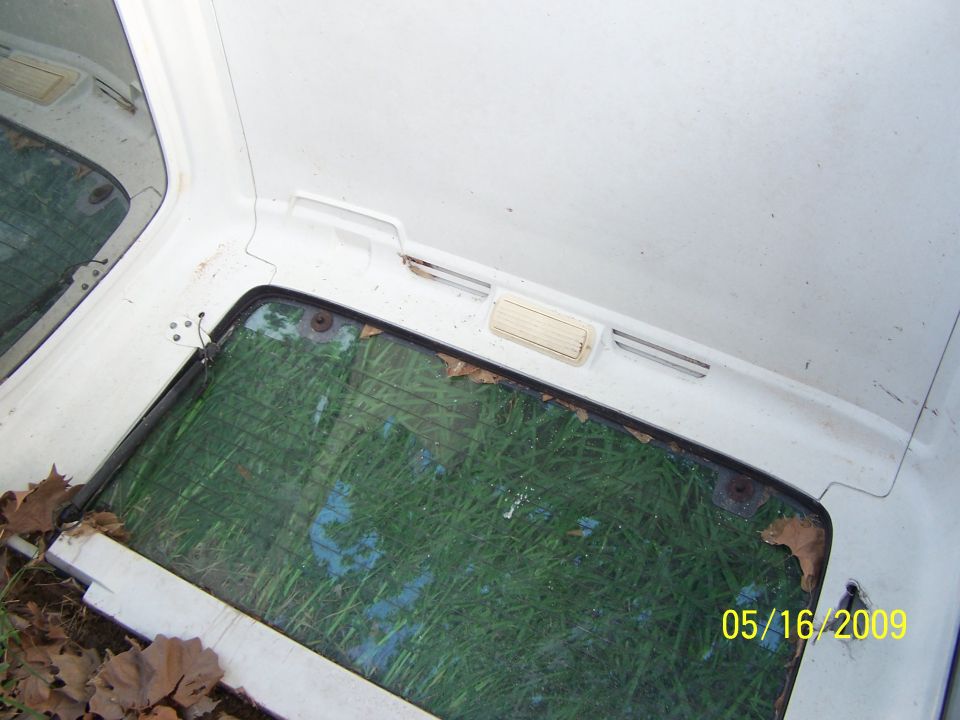 1982 Ford Bronco rear window frame with grass visible through the glass