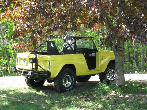 1973 Ford Bronco - A bright yellow 1973 Ford Bronco is parked in a grassy area, partially shaded by a tree with reddish-brown leaves.