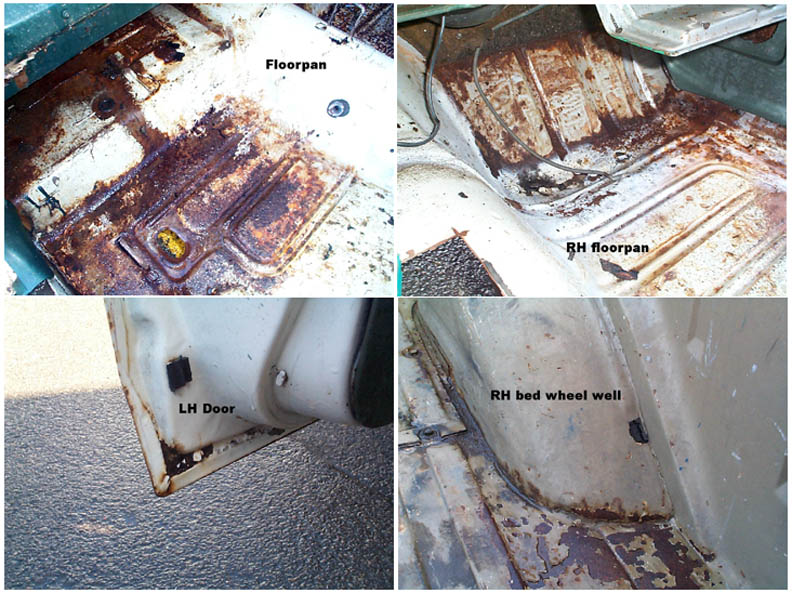 Four shots of a vehicle's interior showing severe rust on the floorpan, RH floorpan, LH door sill, and RH bed wheel well