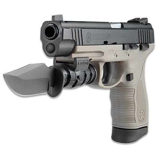 Taurus pistol with a knife attachment mounted to the barrel