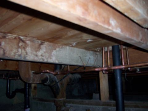1991 Ford Bronco - A view of plumbing pipes and wooden joists, likely in a basement or crawl space.