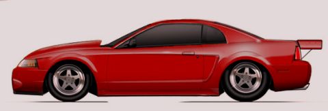 2004 Ford Mustang - Side profile of a red 2004 Ford Mustang coupe with custom hood scoop and spoiler.