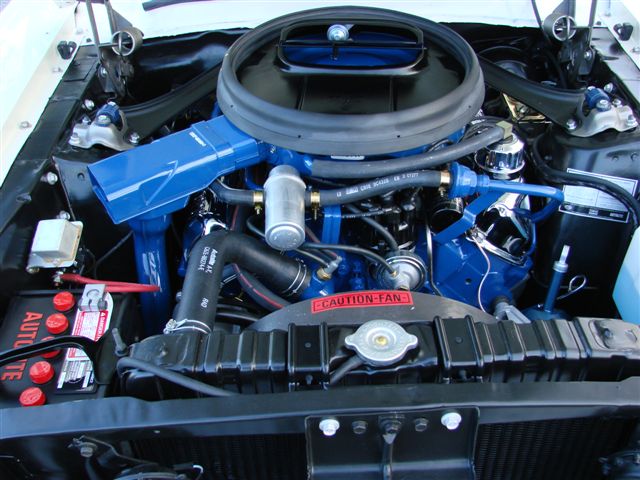 Engine bay with blue V8, black air cleaner, Autolite battery and red CAUTION-FAN decal