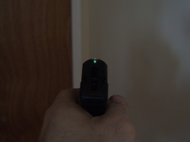 Hand holding pistol, aiming with green front sight