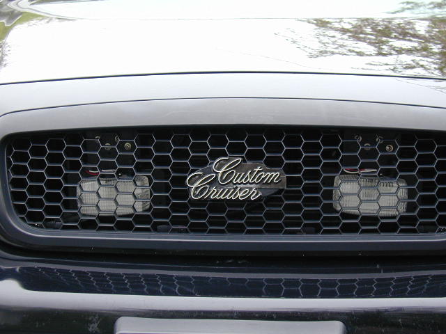 Black honeycomb grille with chrome Custom Cruiser script badge and two lights mounted behind the mesh