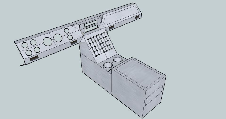 3D rendered sketch of a vehicle dashboard and center console