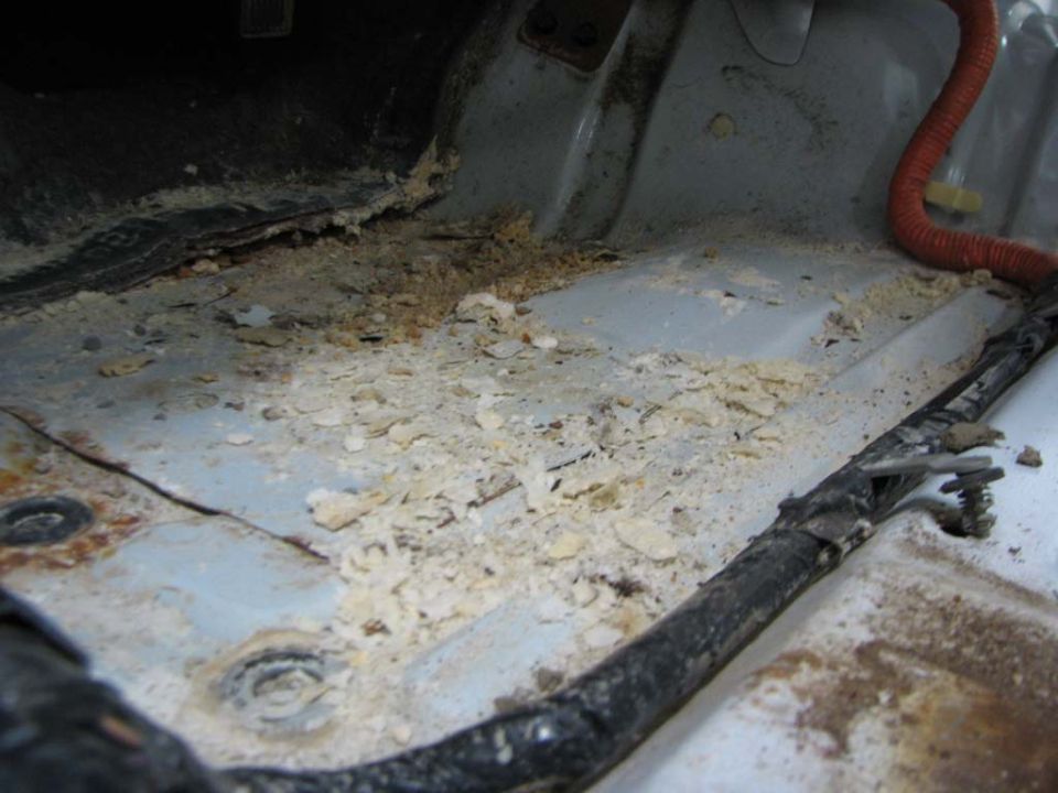 Corroded car floor with debris and wiring. Supermotors.net logo visible