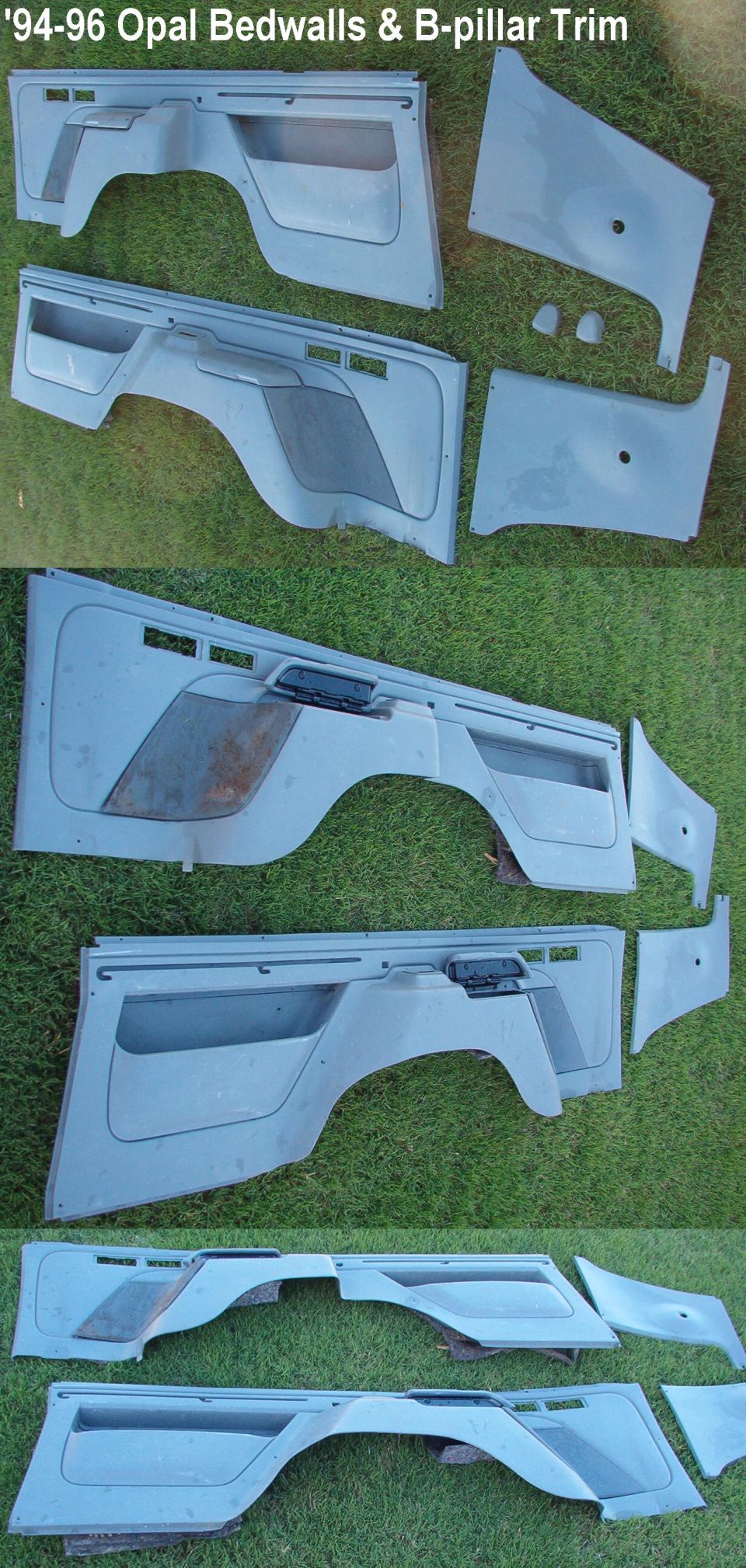 Gray bedwall and B-pillar interior trim panels shown in three views