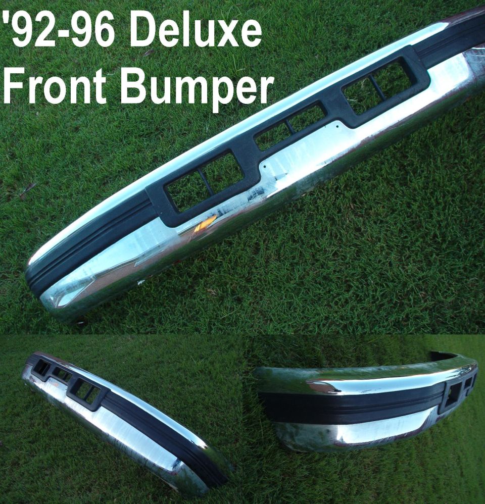 Chrome deluxe front bumper shown in three views on grass