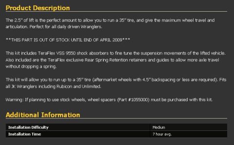2008 Jeep Wrangler - This document describes a Teraflex lift kit, detailing its features and compatibility with JK Wranglers.