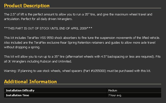 Product description for Teraflex lift kit, mentions 35" tires and JK Wranglers. Part out of stock until April 2009
