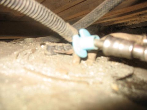 1987 Ford Bronco - Close-up of a dirty fuel pump assembly with a blue plastic connector and metal fuel line.
