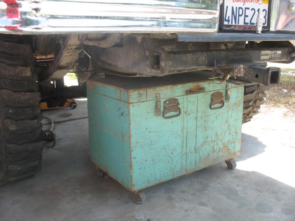 Turquoise toolbox with wheels under the rear of a vehicle, near a large tire