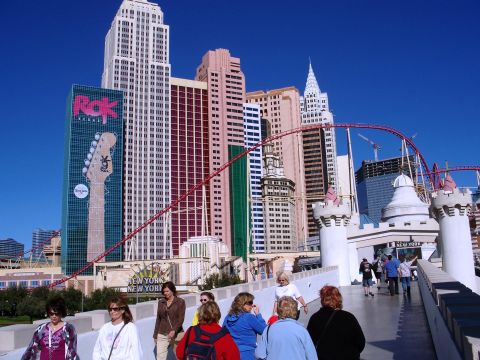 1971 Ford Ranchero - A view of the New York-New York Hotel and Casino in Las Vegas, with a roller coaster visible.