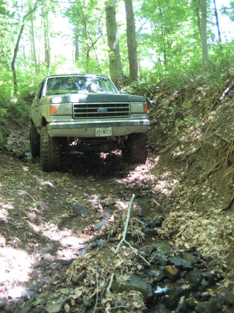 1991 Ford Bronco - Ford Bronco navigating a muddy trail in a forest setting. License plate 292W024 is visible.