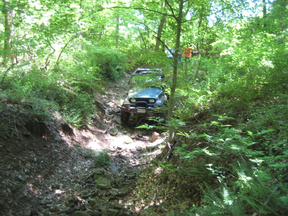 Blue Jeep Wrangler driving on a rocky, wooded trail