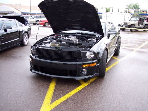 1972 Ford Ranchero - A black Ford Mustang is parked with its hood open, revealing the engine compartment on a wet day.