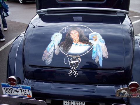 1972 Ford Ranchero - Custom painted trunk lid features a Native American woman and dreamcatcher design.