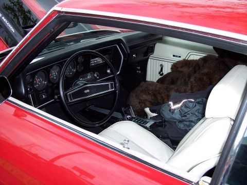 1972 Ford Ranchero - Interior of a classic car, likely a 1970 model, an SS steering wheel and dashboard.